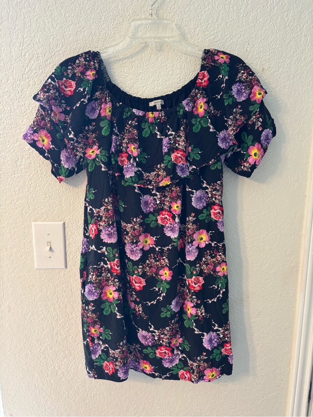 JODIFL Black Floral Off-Shoulder dress with Pink, Purple & Yellow Blooms